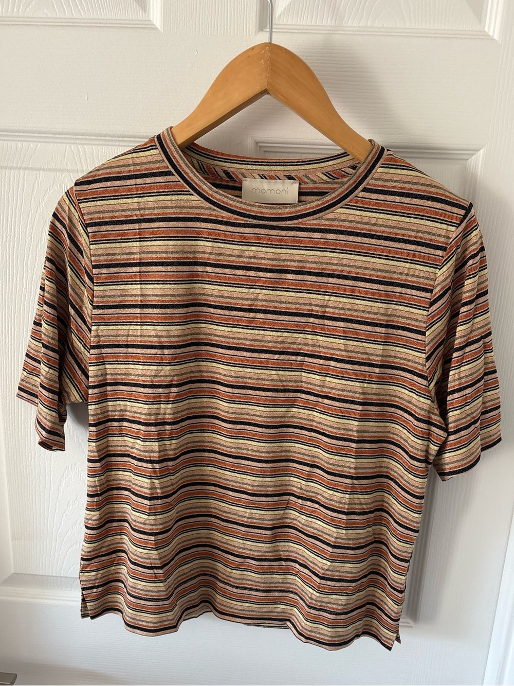 Momonì Metallic Striped Short Sleeve T-Shirt Top Earthy Retro Shimmer Size XS